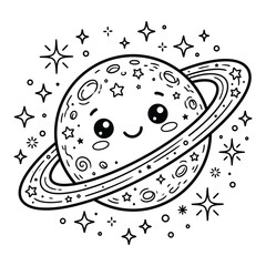 Cute cartoon planet with rings and sparkles, black and white line saturn © rajibgfx