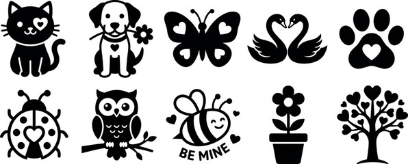 A collection of ten cute black and white vector icons featuring romantic animals, insects, flowers, and trees with heart motifs for Valentine's Day projects. © KolyBegum