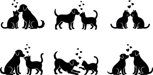 Fototapeta premium A collection of six distinct black silhouette illustrations featuring various friendly interactions between domestic dogs and cats, symbolizing companionship, love, and unity in animal relationships.
