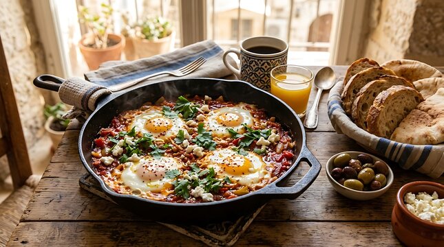 Shakshuka breakfast with eggs and bread.