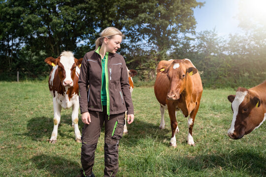 Eine junge Landwirtin in braun-gr&uuml;ner Arbeitskleidung steht l&auml;chelnd in Ganzk&ouml;rperansicht auf einer gr&uuml;nen Sommerweide, w&auml;hrend direkt hinter ihr rot-bunte Holstein-K&uuml;he grasen.