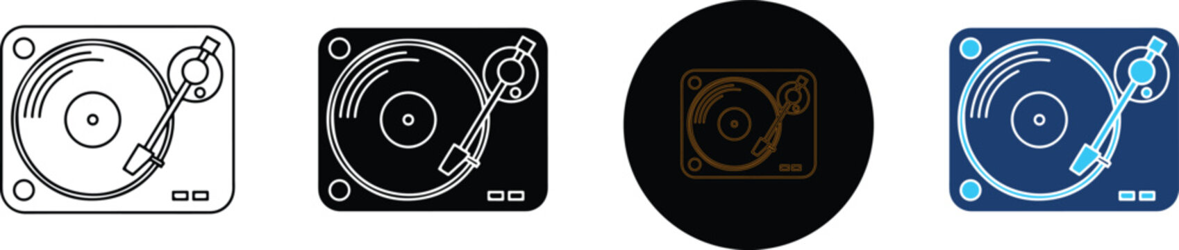 A set of four distinct graphic icons of vinyl turntables