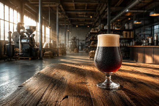 Nitro Cold Brew Coffee in Tulip Glass on Reclaimed Wood Table in Vast Industrial Coffee Roastery, Dramatic Light Shafts Through Factory Windows, Cinematic Wide Shot