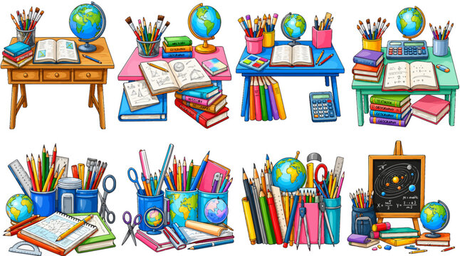 Colorful school supplies and desks with books and globes
