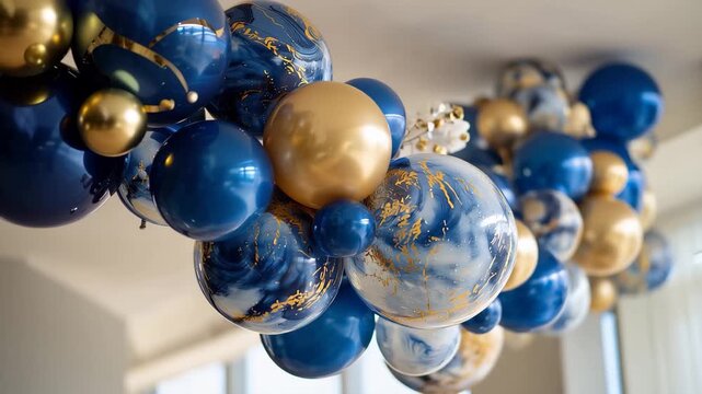 Festive arrangement of elegant blue and gold balloons, A vibrant garland featuring an assortment of blue and gold balloons
