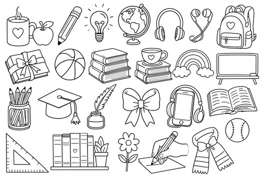Black and white line art icons of school and education objects