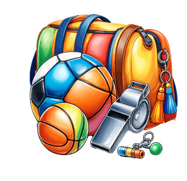 Colorful sports equipment bag with balls and referee whistle