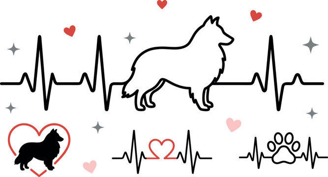 Shetland Sheepdog Heartbeat EKG Vector Set with Sheltie Silhouette Paw Print and Love Elements