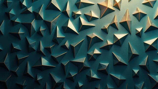 Geometric triangles cluster tightly, forming a textured surface. Deep teal hues contrast with metallic edges, creating sharp visual interest. Light plays across the pattern