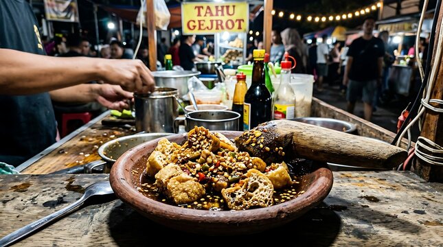 Street food market with traditional dish.