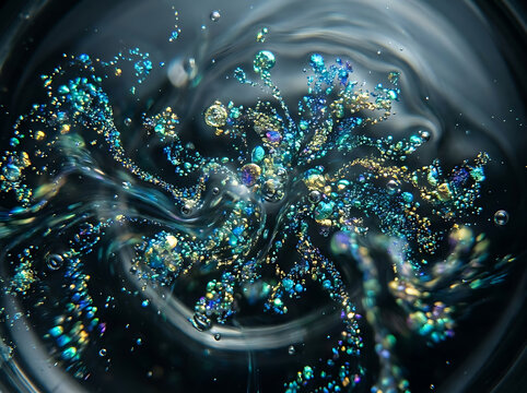 Abstract liquid swirl with iridescent glitter. Fluid motion of blue and gold particles. Luxury design.