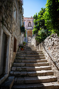 Typical narrow street in the Old City of Dubrovnik, Croatia