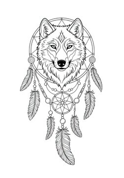 Detailed wolf face within feathered dreamcatcher tattoo art.