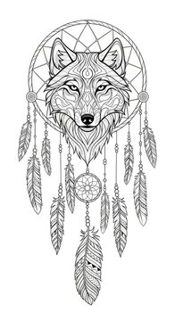 Detailed wolf head dreamcatcher tattoo design