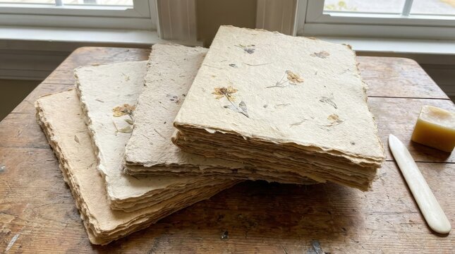 Stack of handmade paper with pressed flowers and bone folder
