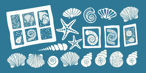 Seashells And Starfish White Line Art Vector Illustration © Minati