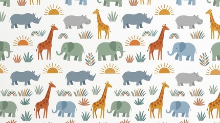 Obraz premium Repeating cheerful cartoon safari animals: giraffes, elephants, rhinos, hippos
