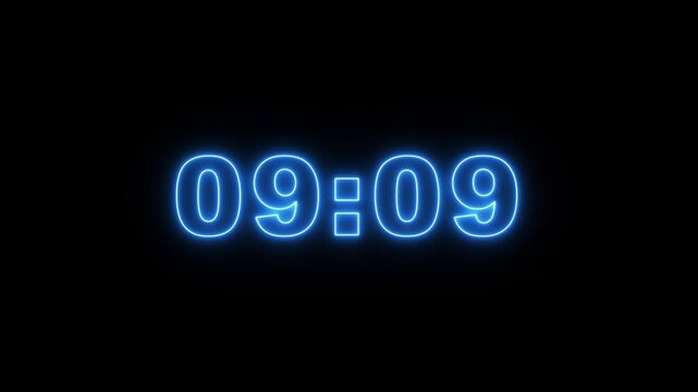 10 minutes countdown timer on black transparent background with alpha channel. 10 minutes displays a timer counting animation, Blue neon countdown timer from 0 to 10 minute.