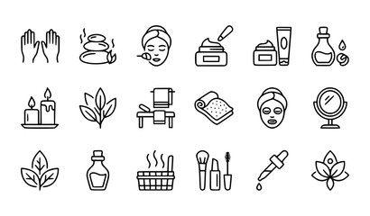 Fototapeta premium Spa and Beauty Treatment Line Art Icon Set with Face Mask, Candle, Massage, Aromatherapy, Makeup, Mirror, and Skincare Symbols for Wellness and Salon Design Projects