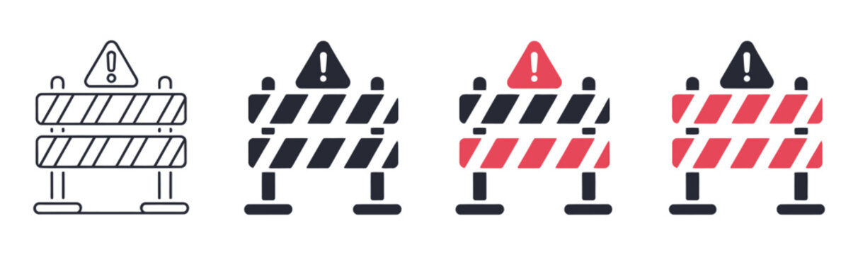 Road construction icon set, vector illustration featuring safety barriers, striped warning barricades, site protection signs, traffic control, work zone hazard safety design elements.