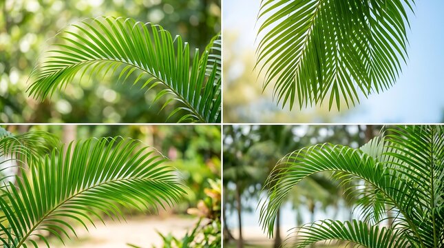 Collage of green palm tree leaves.