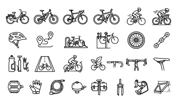 Bicycle and Cycling Line Art Icon Set with Bike, Helmet, Wheel, Route, Repair, Gloves, and Cycling Gear Symbols for Sport and Urban Transport Design Projects