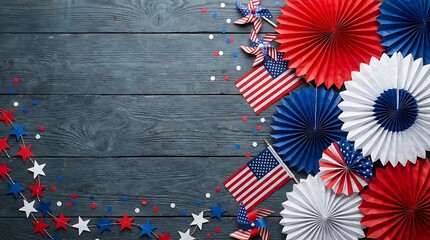 Obraz premium Festive patriotic decorations on rustic wooden background celebration invitation or announcement for fourth of july holiday or independence day remembrance event banner.