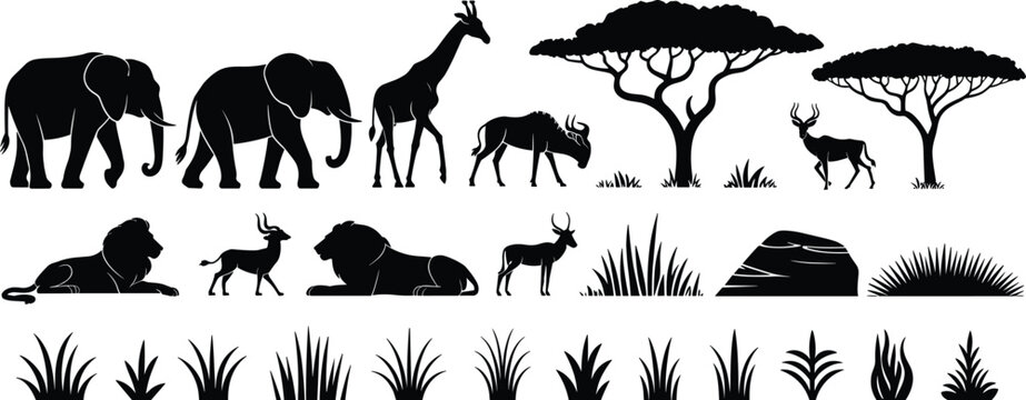 Collection of black silhouettes of African safari animals trees and grass on a white background wildlife