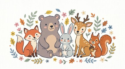 Fototapeta premium Cartoon fox, bear, rabbit, deer, and squirrel pose among fall leaves and colorful flowers