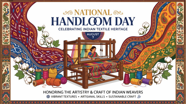 National Handloom Day celebrates Indian textile heritage with a vibrant handloom poster showcasing traditional weaving
