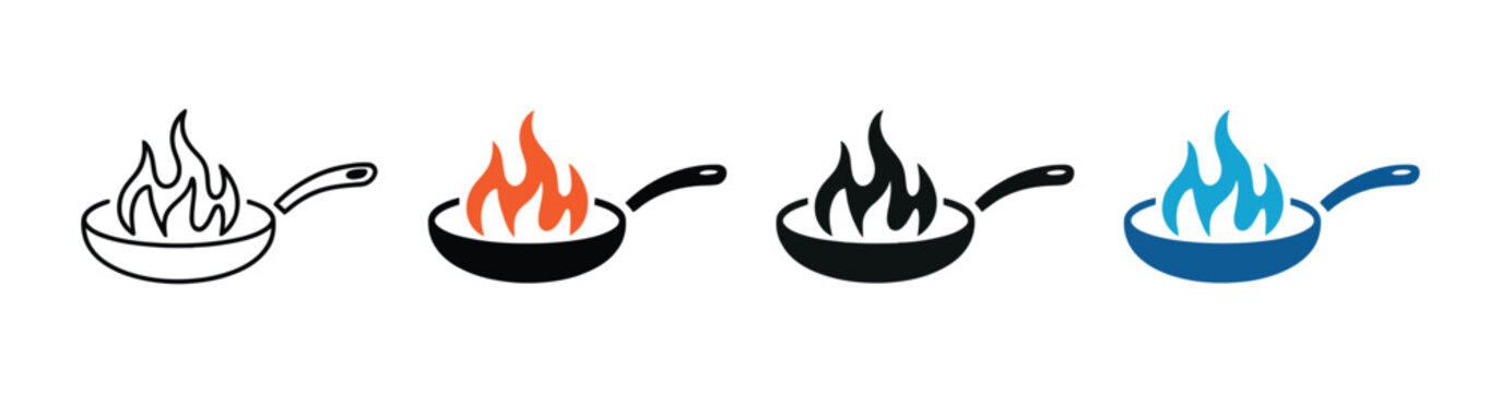 Cooking Pan Icon Set Vector Illustration Representing Frying Pans with Fire Flames in Linear and Solid Styles for Culinary and Restaurant Interface Design