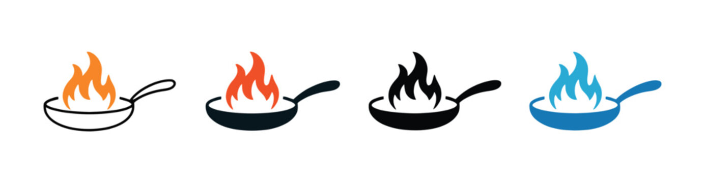 Cooking Pan Icon Set Featuring Frying Pans with Fire Flames in Linear and Solid Vector Styles for Restaurant Kitchen and Culinary Design