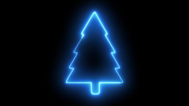 Neon blue christmas tree outline glowing on black background