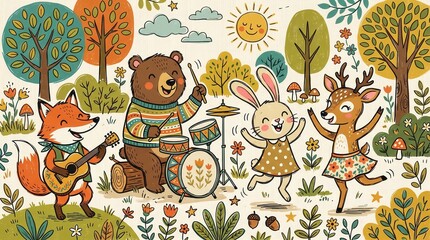 Fototapeta premium A joyful fox plays guitar while a bear drums and a bunny and deer dance in a sunny forest
