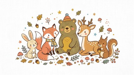 Fototapeta premium Woodland animals including a rabbit, fox, bear, deer, and squirrel gather among autumn leaves