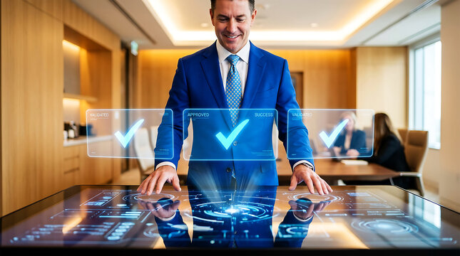 Man in blue suit with glowing hands