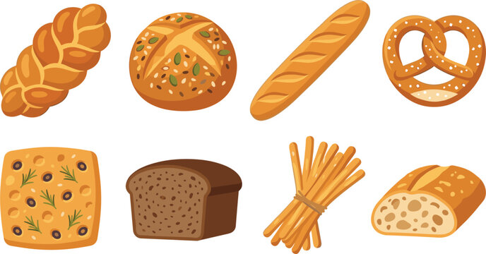 Assorted bakery product vector set featuring fresh bread baguette pretzel challah and rye loaf isolated on white background