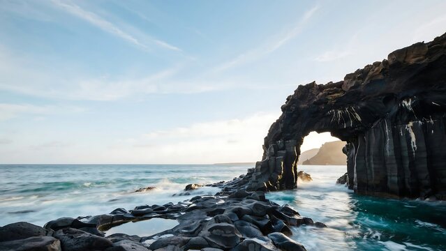 Dramatic basalt rock formation archway in the ocean under a cloudy sky