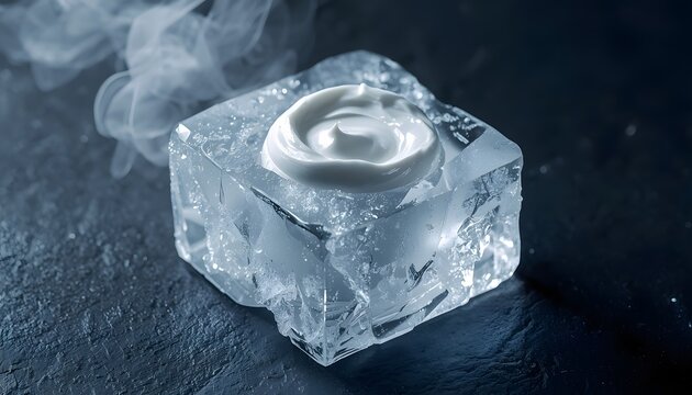Luxury skincare cream encapsulated in a clear ice block with frost and cold vapor, cryotherapy concept.