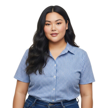 Confident young woman in plaid shirt isolated on transparent background