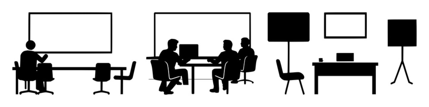 Virtual classroom icon set with solid black silhouette on white background featuring online education, e-learning, classroom setting with remote learning and digital teaching
