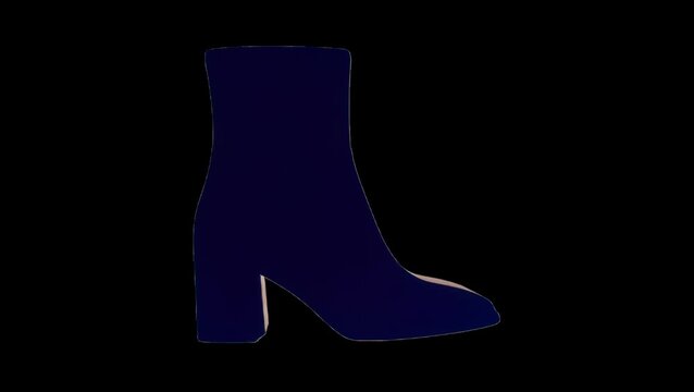 Sleek dark blue metallic ankle boot with high block heel, glossy reflective surface, modern fashion footwear 3d render