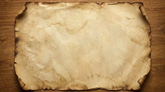 Old vintage parchment paper texture with burnt edges on a wooden background