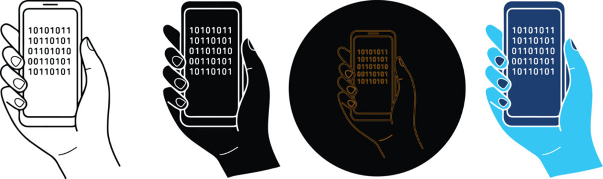 Four Stylized Hands Holding Smartphones Displaying Binary Code Data Streams