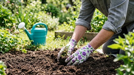 Fototapeta premium Person wearing gloves planting a small green seedling into the soil in a sunny home garden with a blue watering can