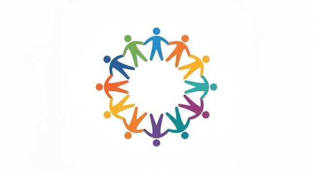 Group of People Connected in a Colorful Circular Network Icon Symbolizing Unity, Community Spirit, Teamwork, and Social Support Concept on Clean