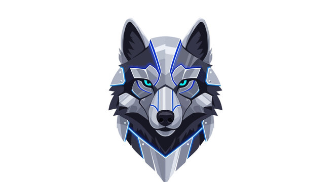 Geometric Wolf Head Illustration with Glowing Green Eyes.