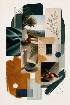 modern mixed media collage in morandi color with photos and floral line art