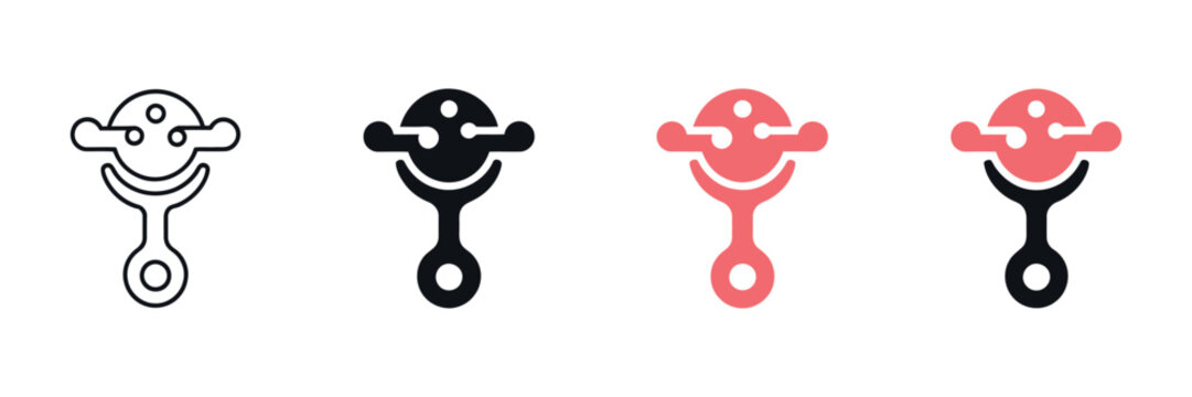 Baby Rattle Toy Icon Set Vector Illustration Representing Infant Rattle Symbols in Linear Solid Silhouette and Colorful Flat Design Styles