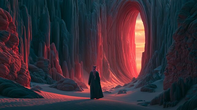 A man walking through a dark ravine toward the sun. Illustration on the theme of history, travel, and countries.